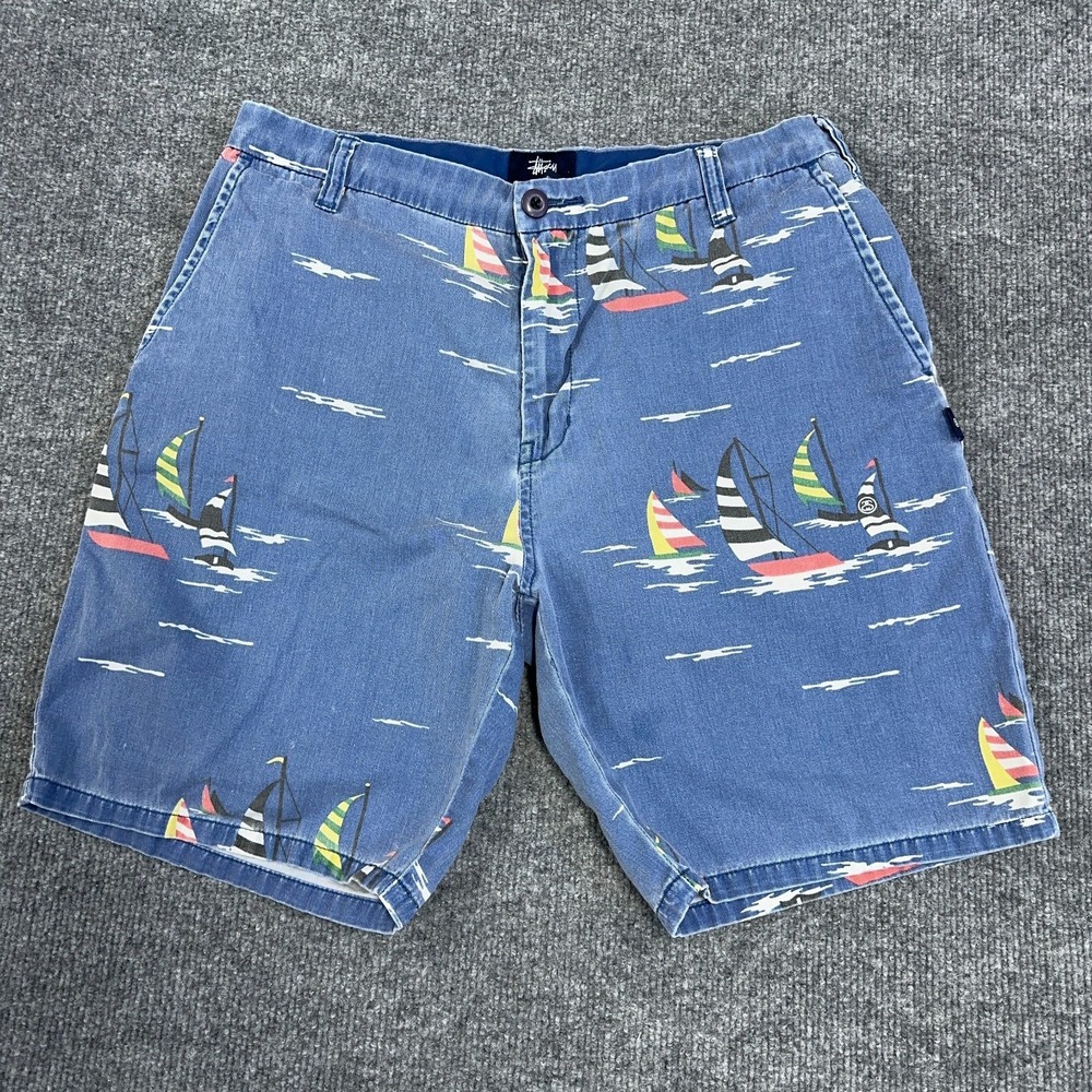Stussy Shorts Men Size 30 Blue Sailboat Bermuda Chino Faded Vintage Y2K